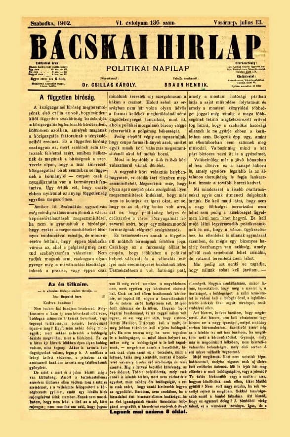 Bácskai Hirlap, 6. évf. 1902. július 13. 136. sz.