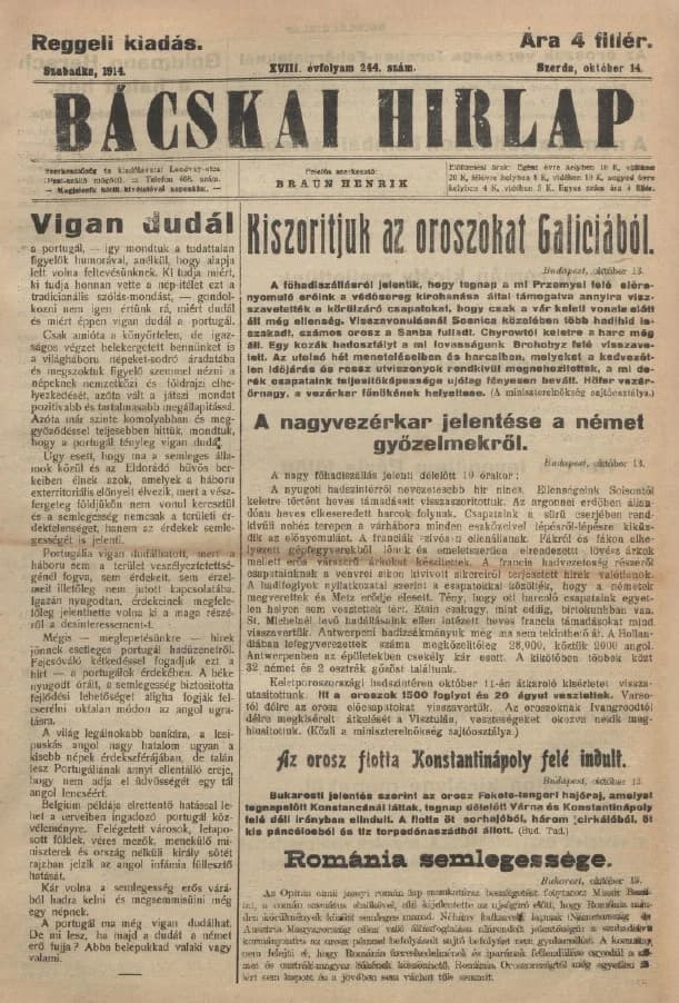Bácskai Hirlap, 18. évf. 1914. október 14. 244. sz.