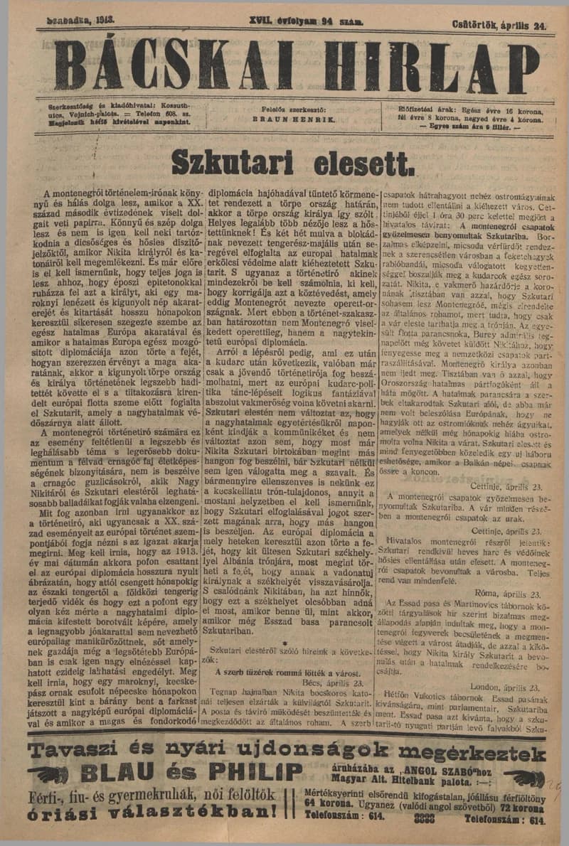 Bácskai Hirlap, 17. évf. 1913. április 24. 94. sz.