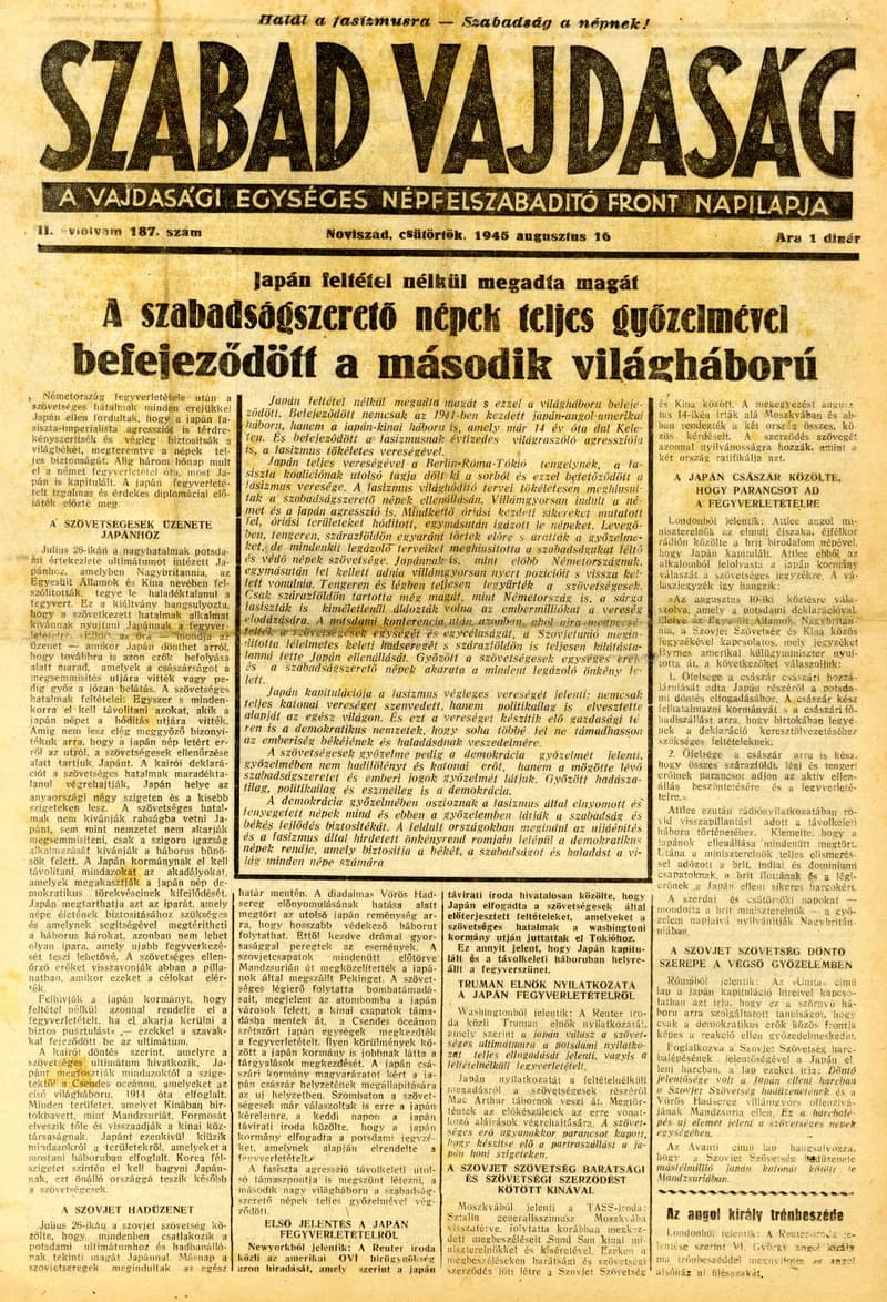 Szabad Vajdaság, 2. évf. 1945. augusztus 16. 187. sz.