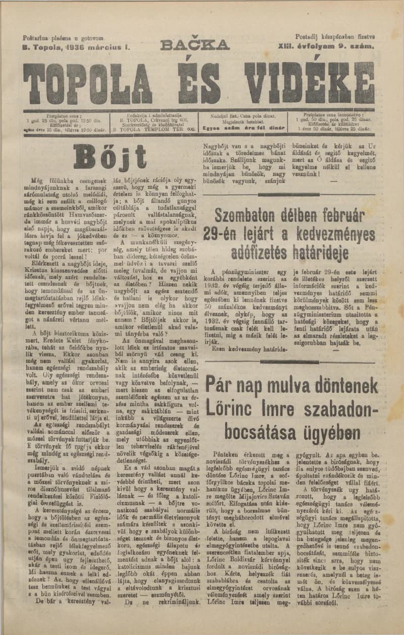 Bačka Topola és Vidéke, 13. évf. 1936. március 1. 9. sz.