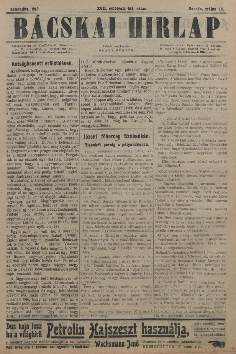 Bácskai Hirlap, 17. évf. 1913. május 14. 109. sz.