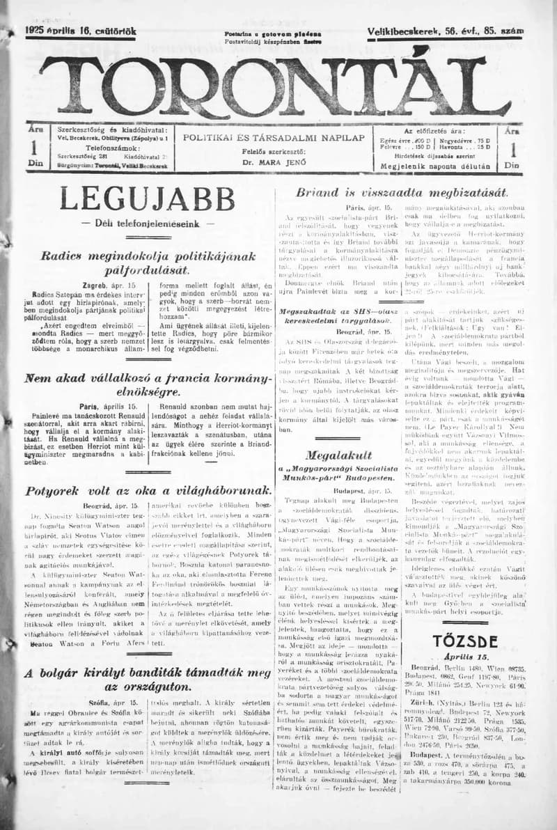 Torontál, 54. évf. 1925. április 16. 85. sz.