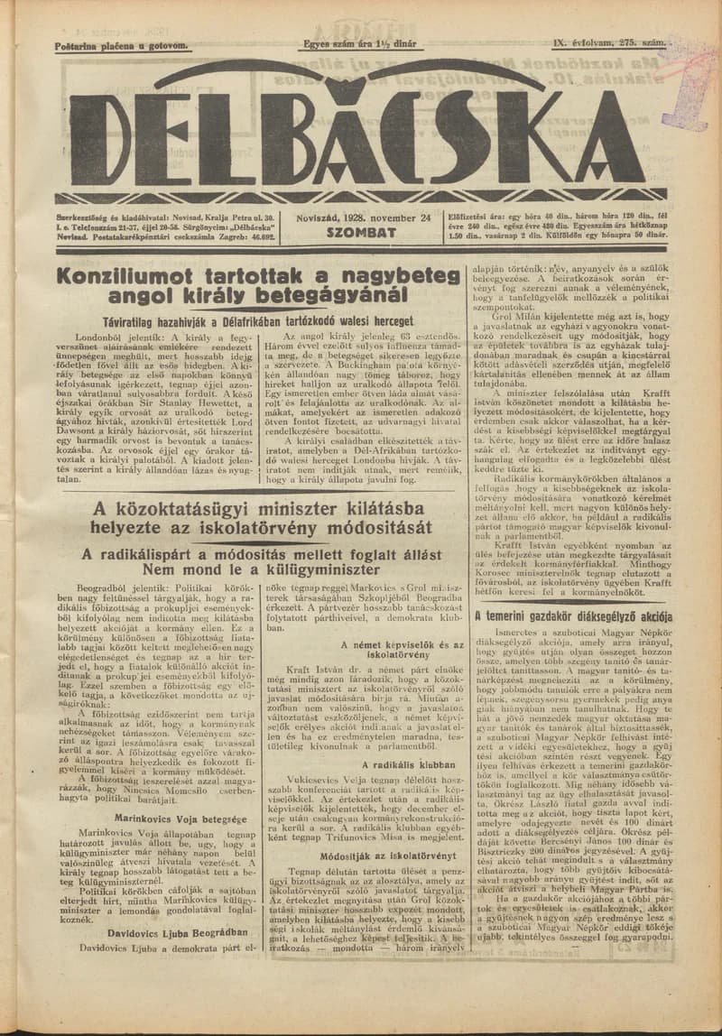 Délbácska, 9. évf. 1928. november 24. 275. sz.