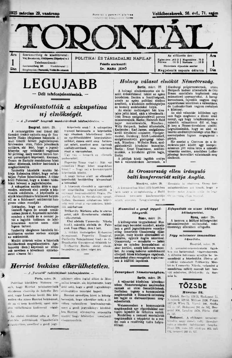 Torontál, 54. évf. 1925. március 29. 71. sz.