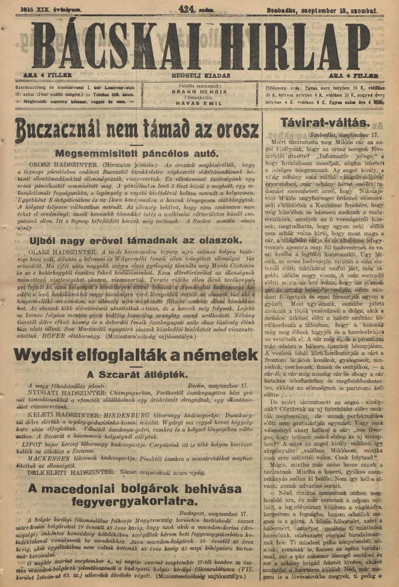 Bácskai Hirlap, 19. évf. 1915. szeptember 18. 424. sz.