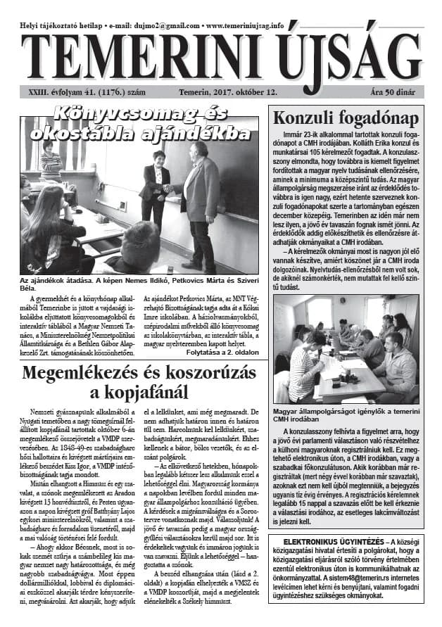 Temerini Újság, 23. évf. 2017. október 12. 41. sz.