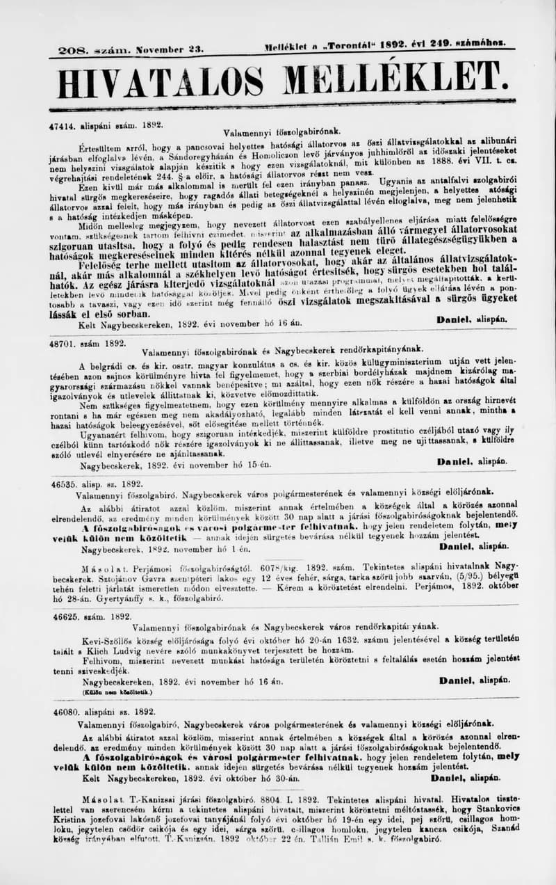 A Totontál  hivatalos melléklete, 5. évf. 1892. november 23. 208. sz.