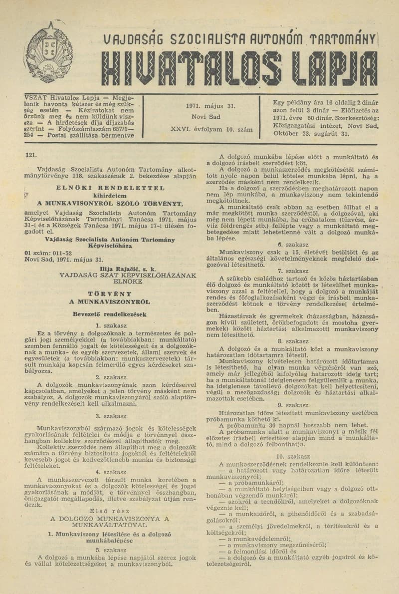 Vajdaság Szocialista Autonóm Tartomány Hivatalos Lapja, 27. évf. 1971. május 31. 10. sz. 165–176. oldal