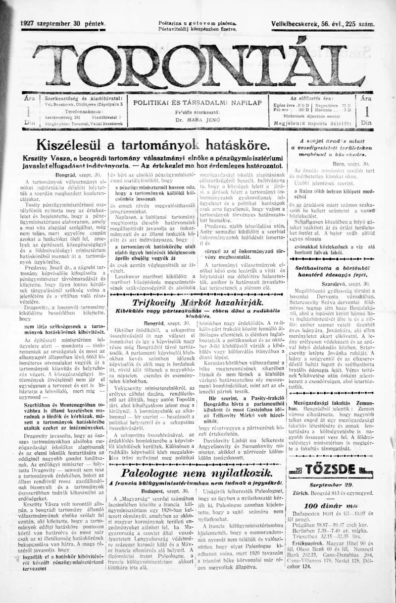 Torontál, 56. évf. 1927. szeptember 30. 225. sz.