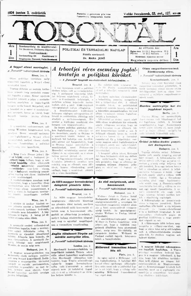 Torontál, 53. évf. 1924. június 5. 127. sz.