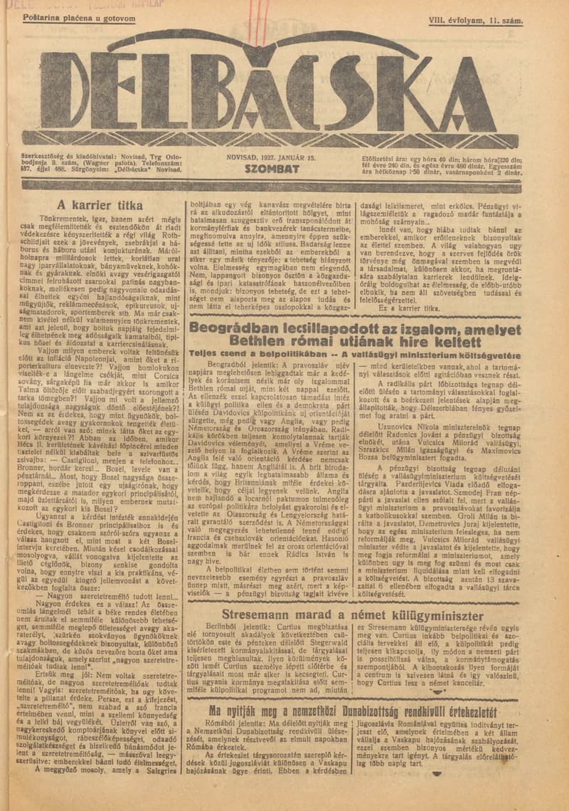 Délbácska, 8. évf. 1927. január 15. 11. sz.