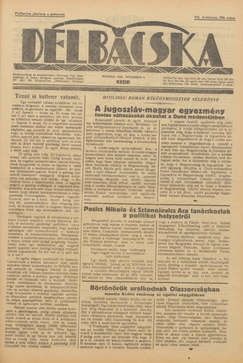 Délbácska, 7. évf. 1926. november 9. 259. sz.