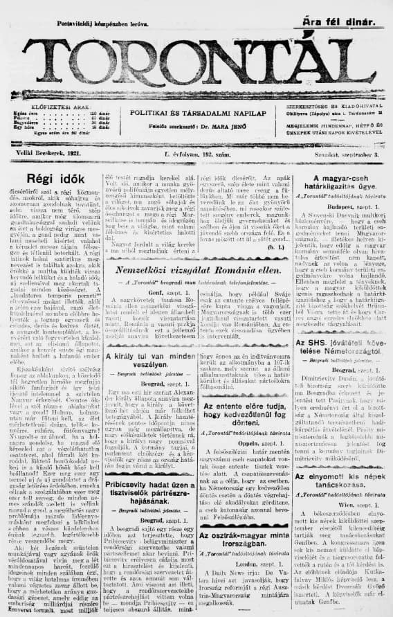 Torontál, 50. évf. 1921. szeptember 3. 192. sz.