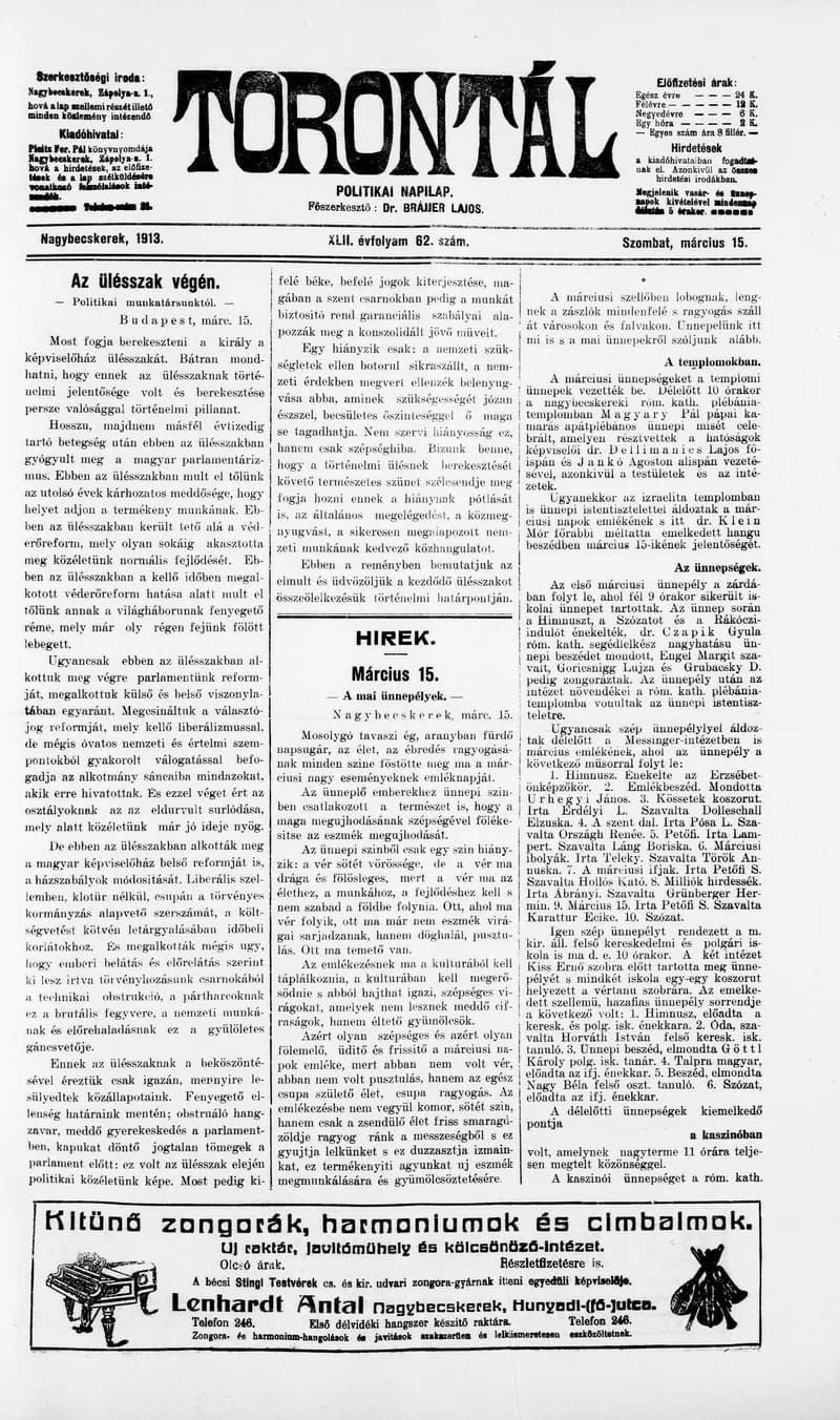 Torontál, 42. évf. 1913. március 15. 62. sz.