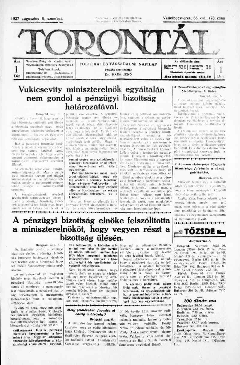 Torontál, 56. évf. 1927. augusztus 6. 178. sz.
