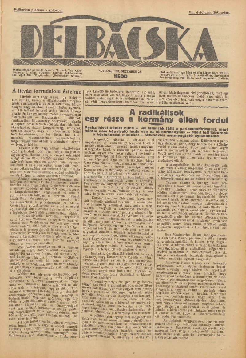 Délbácska, 7. évf. 1926. december 28. 298. sz.