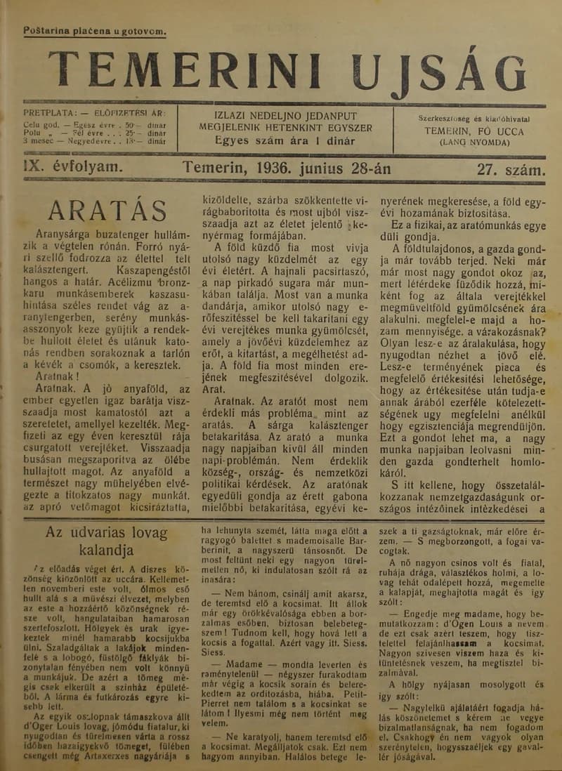 Temerini Újság 1928-1944, 9. évf. 1936. június 28. 27. sz.