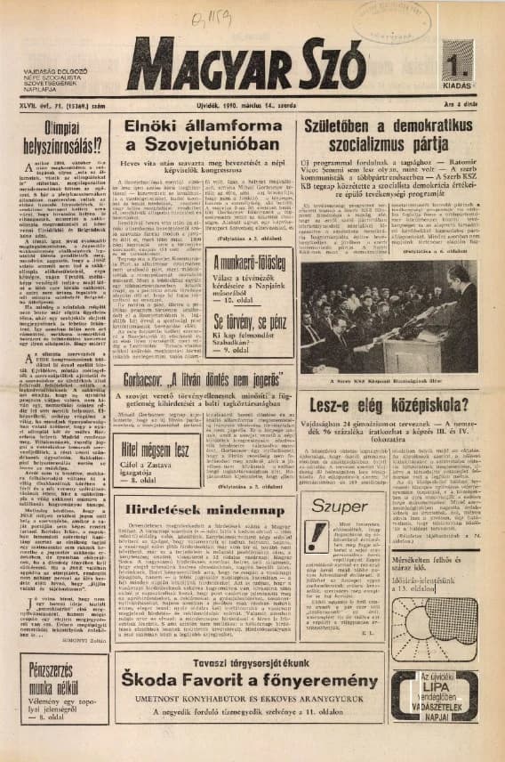 Magyar Szó, 47. évf. 1990. március 14. 71. sz. 1–20. oldal