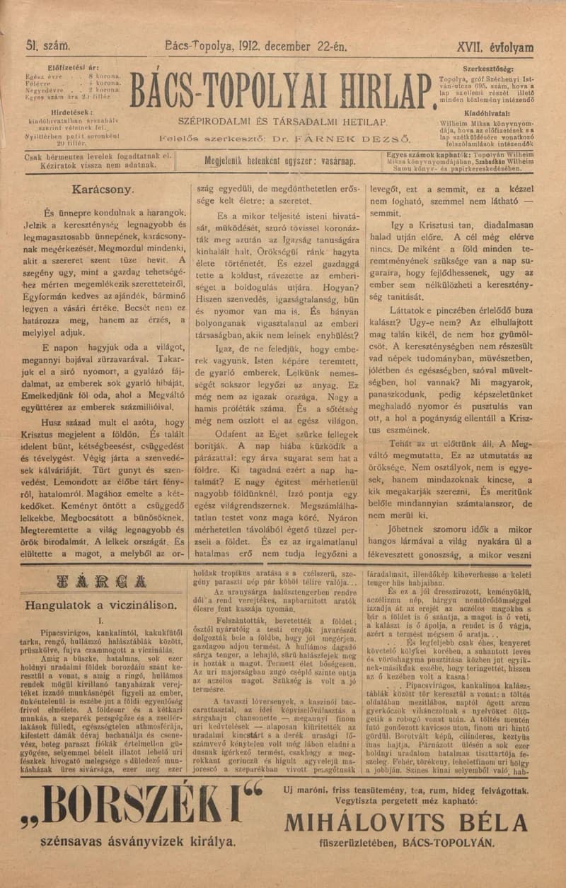 Bács-Topolyai Hirlap, 17. évf. 1912. december 22. 51. sz.
