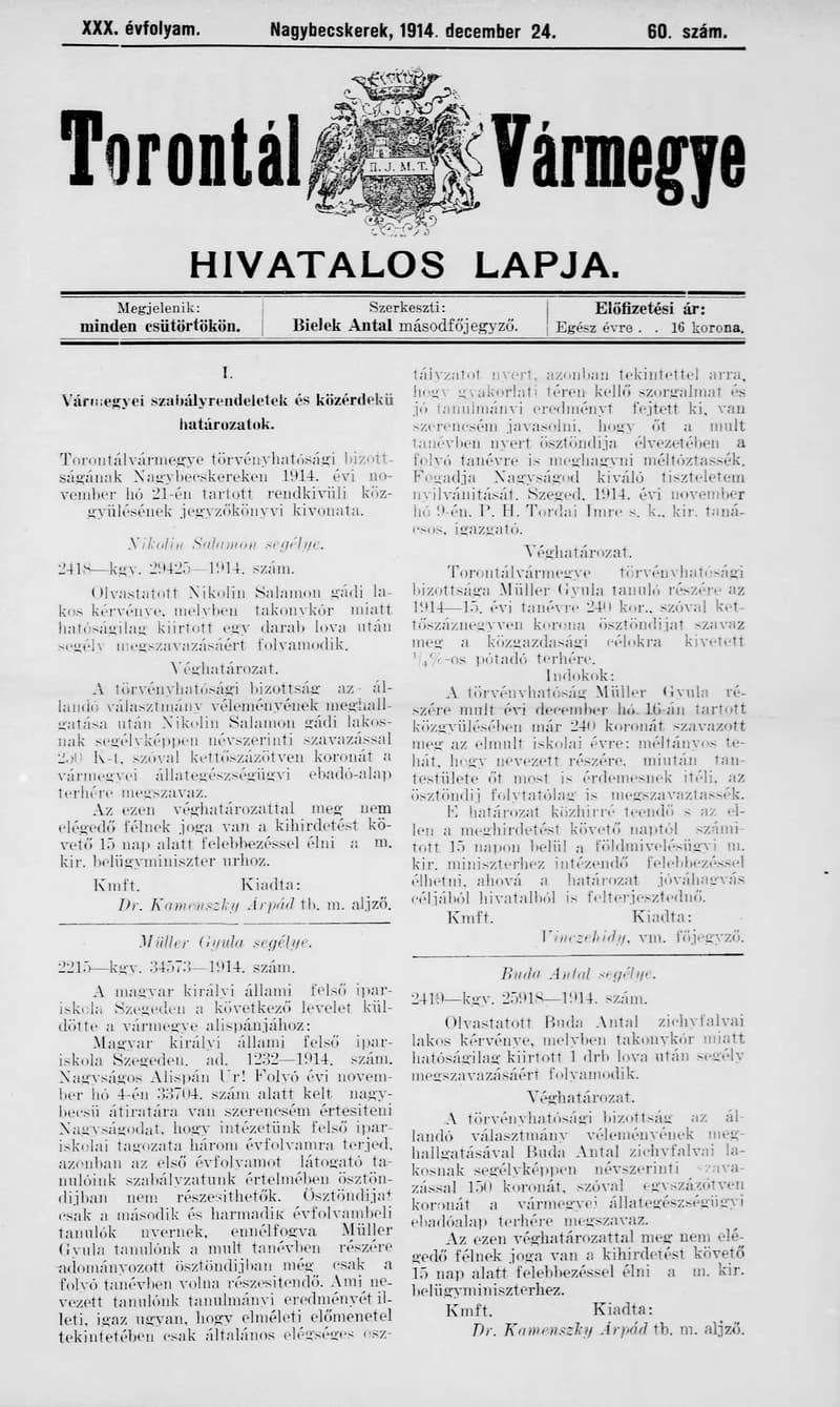 Torontál Vármegye Hivatalos Lapja, 30. évf. 1914. december 24. 60. sz.
