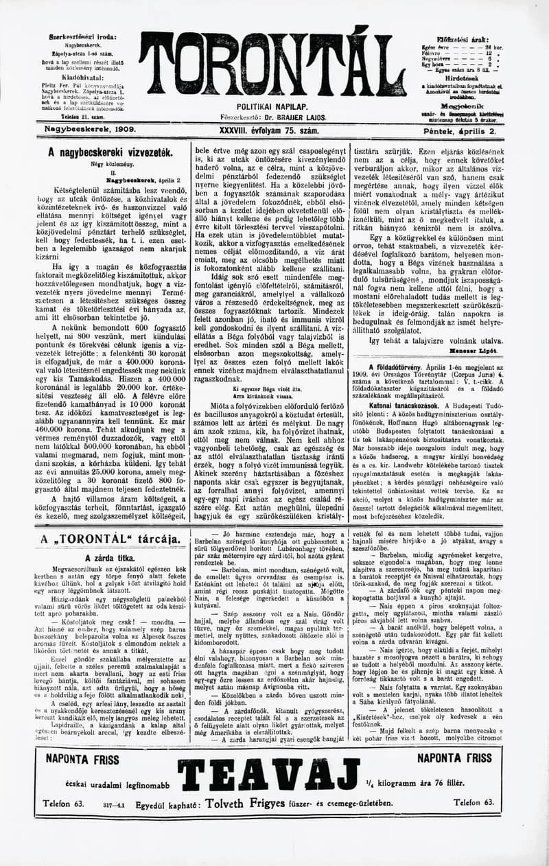 Torontál, 38. évf. 1909. április 2. 75. sz.