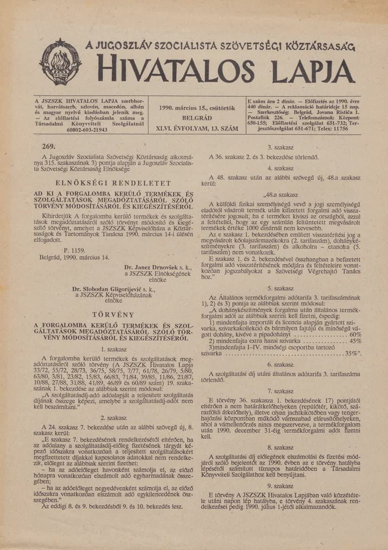 A Jugoszláv Szocialista Szövetségi Köztársaság Hivatalos Lapja, 46. évf. 1990. március 15. 13. sz. 629–632. oldal
