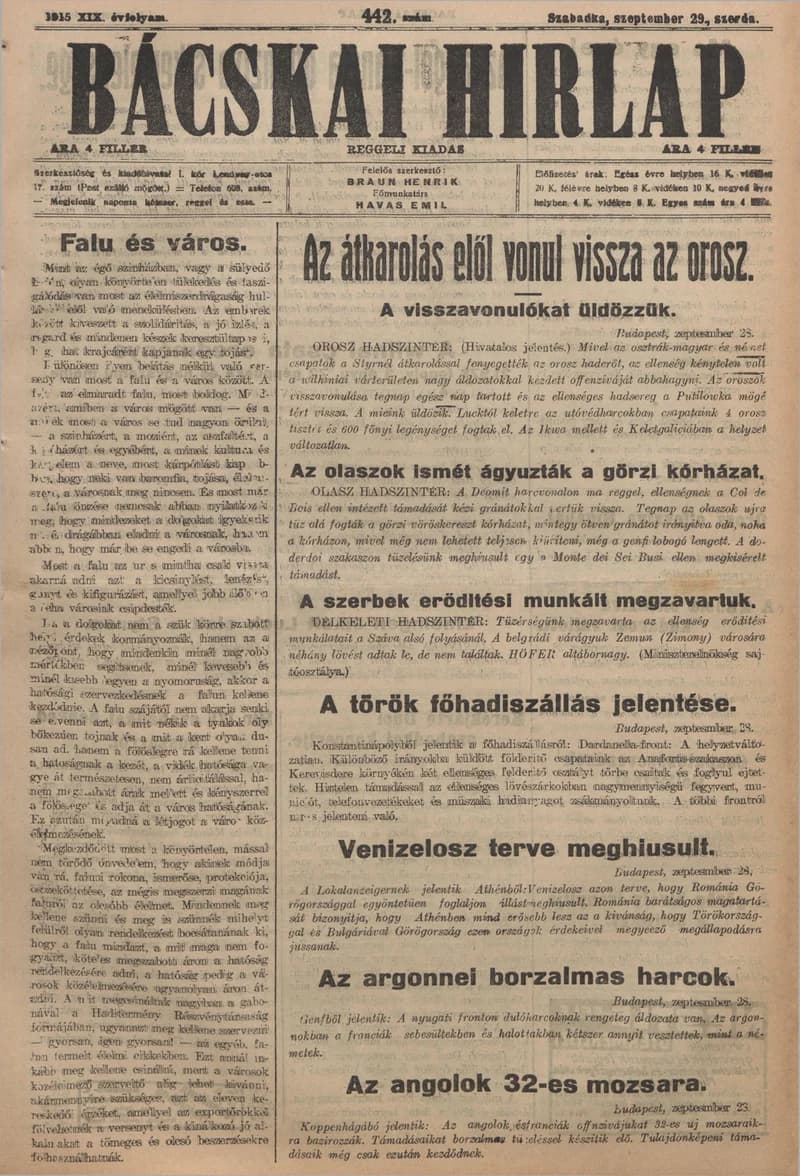 Bácskai Hirlap, 19. évf. 1915. szeptember 29. 442. sz.