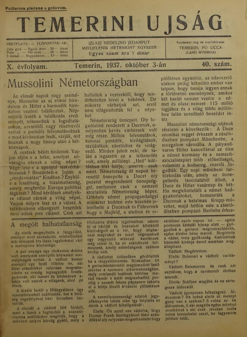 Temerini Újság 1928-1944, 10. évf. 1937. október 3. 40. sz.