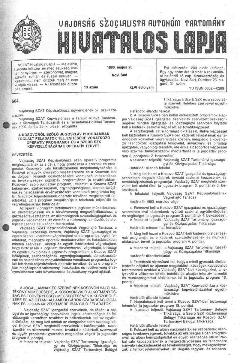 Vajdaság Szocialista Autonóm Tartomány Hivatalos Lapja, 46. évf. 1990. május 20. 13. sz.