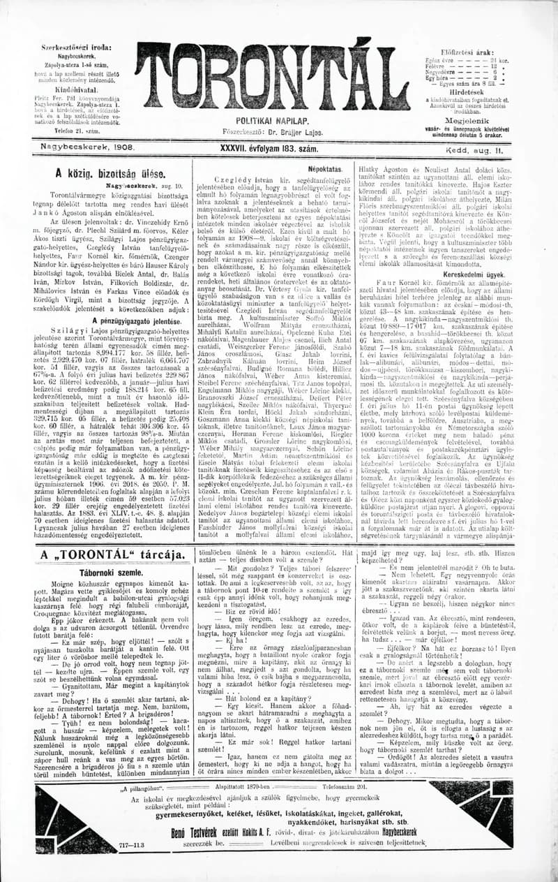 Torontál, 37. évf. 1908. augusztus 11. 183. sz.