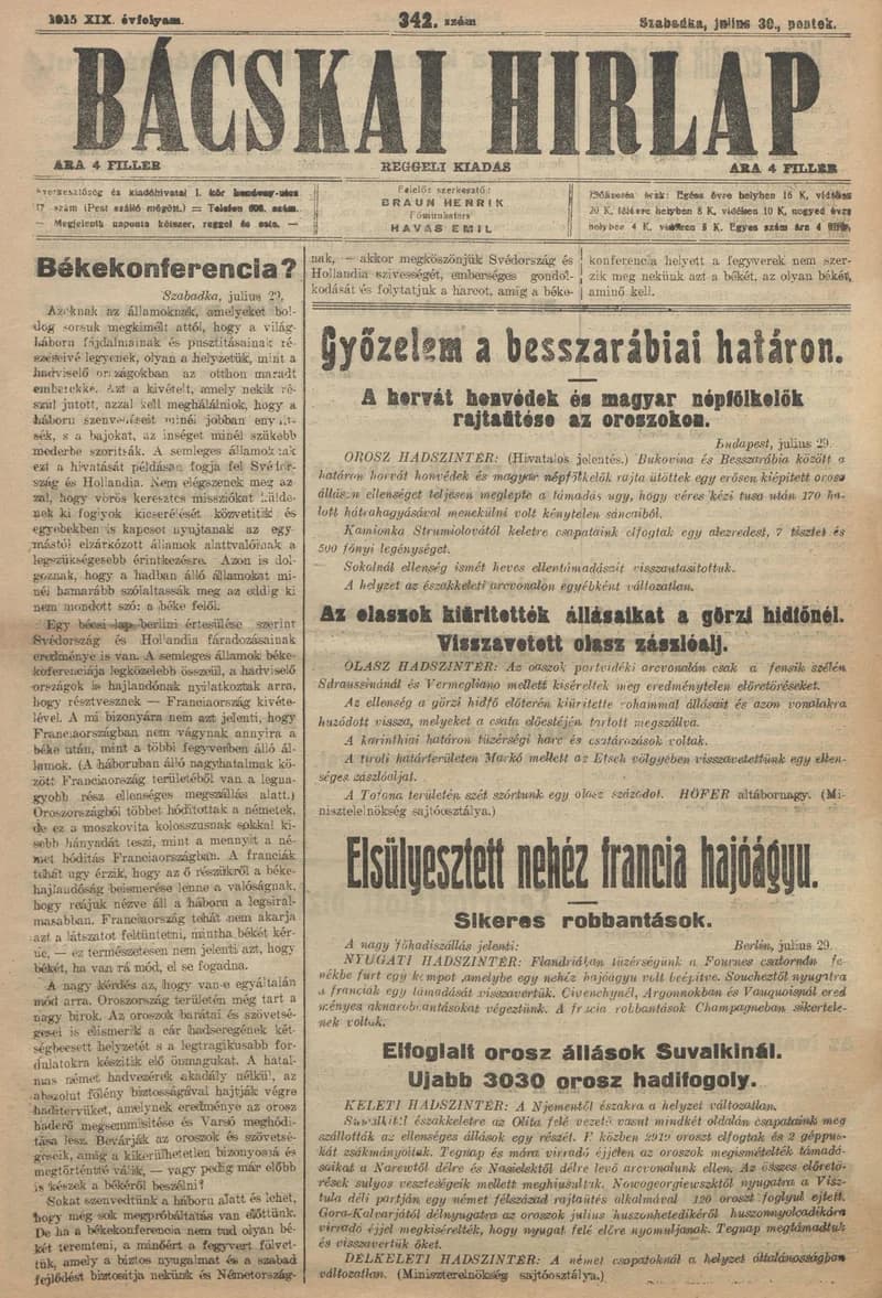 Bácskai Hirlap, 19. évf. 1915. július 30. 342. sz.