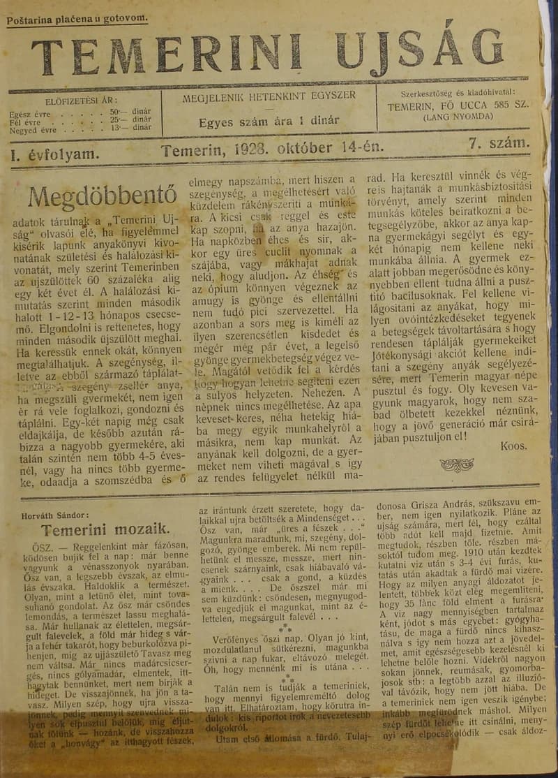 Temerini Újság 1928-1944, 1. évf. 1928. október 14. 7. sz.
