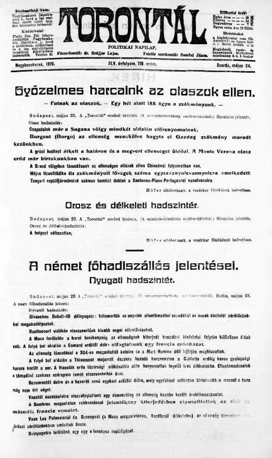 Torontál, 45. évf. 1916. május 24. 119. sz.