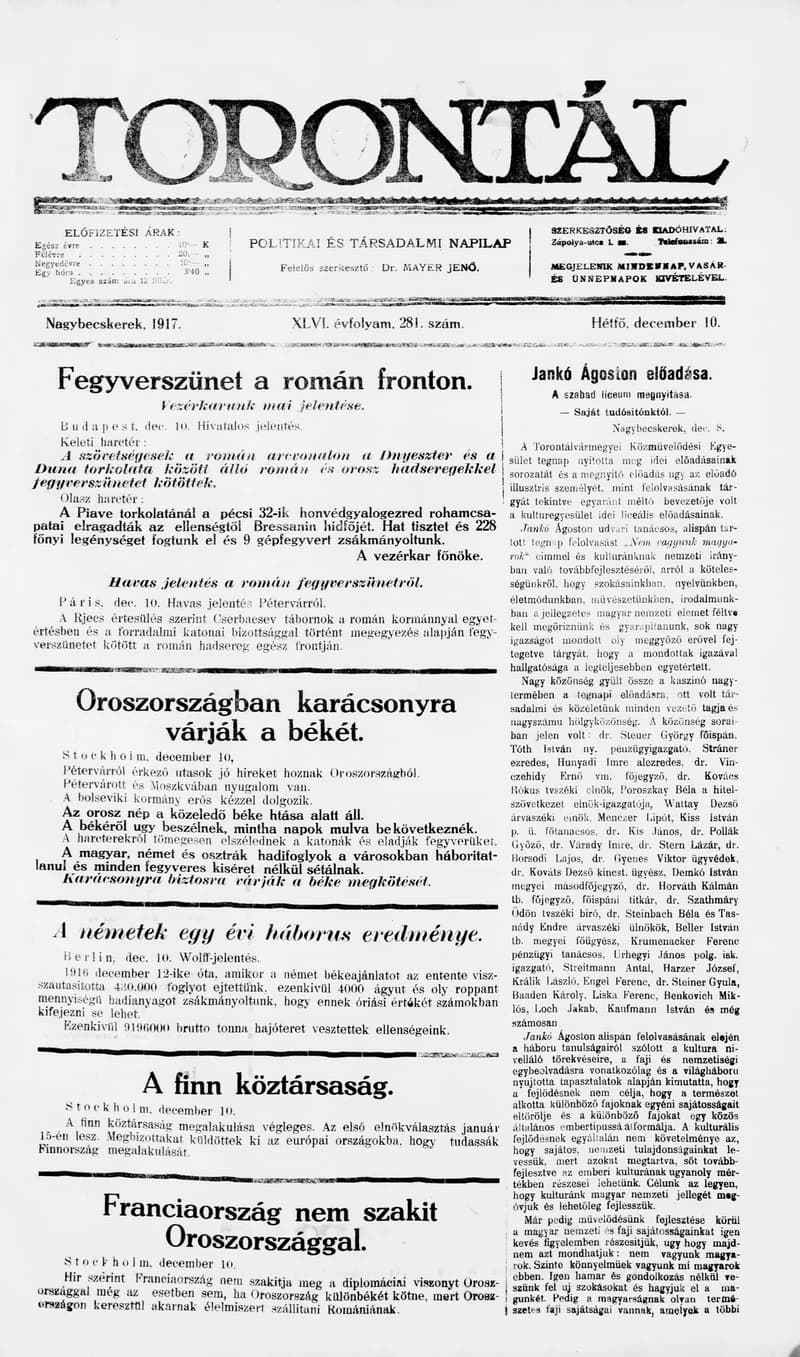 Torontál, 46. évf. 1917. december 10. 281. sz.