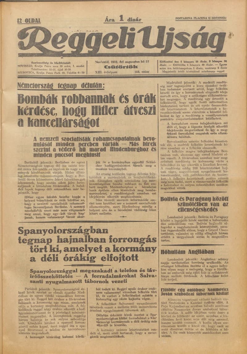 Reggeli Újság, 13. évf. 1932. augusztus 11. 188. sz.