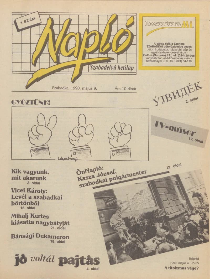 Napló - Szabadelvű hetilap, 1. évf. 1990. május 9. 1. sz.