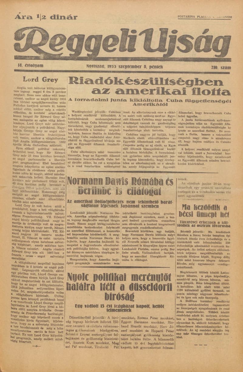 Reggeli Újság, 14. évf. 1933. szeptember 8. 210. sz.