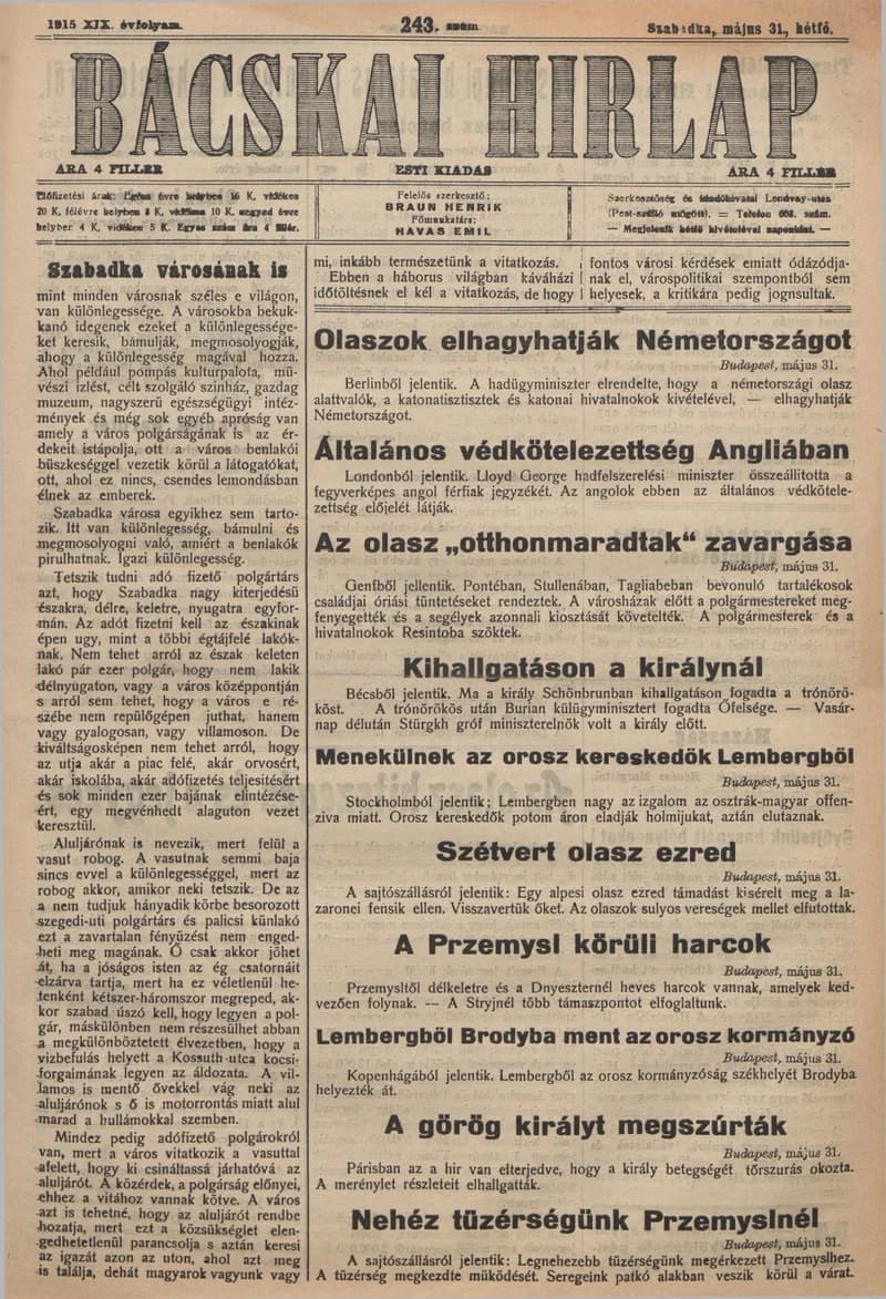 Bácskai Hirlap, 19. évf. 1915. május 31. 243. sz.