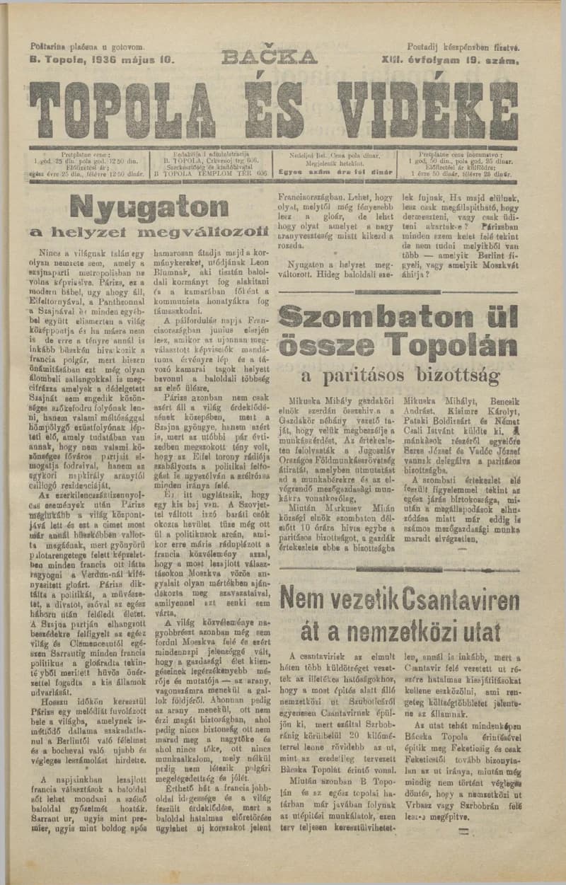 Bačka Topola és Vidéke, 13. évf. 1936. május 10. 19. sz.