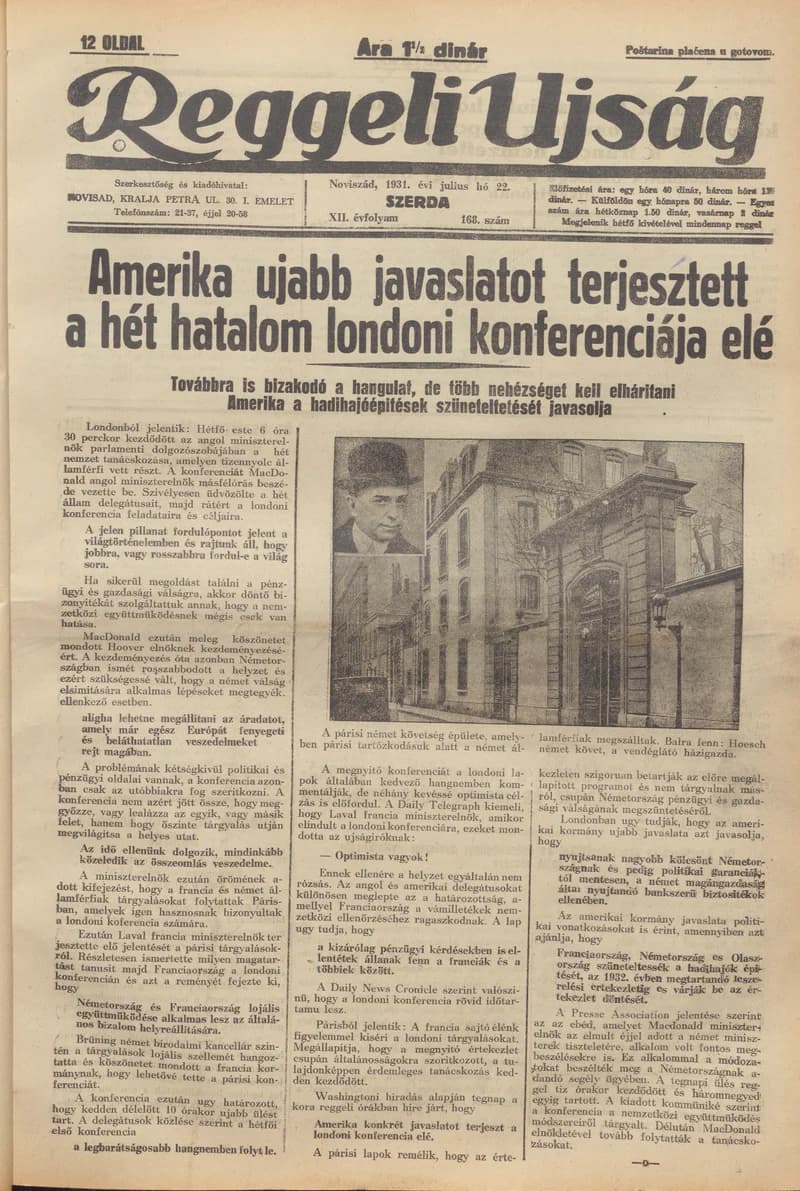 Reggeli Újság, 12. évf. 1931. július 22. 168. sz.