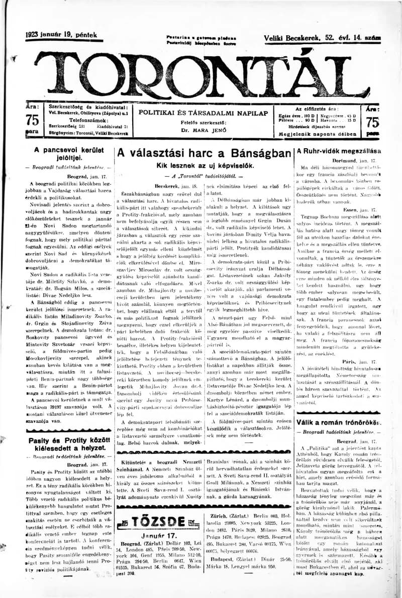 Torontál, 52. évf. 1923. január 19. 14. sz.