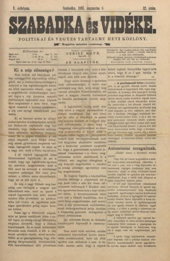 Szabadka és vidéke II, 5. évf. 1897. augusztus 8. 32. sz.