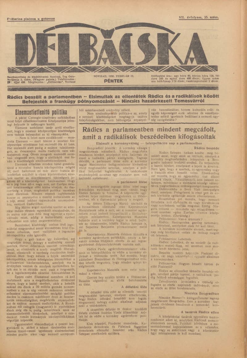 Délbácska, 7. évf. 1926. február 12. 35. sz.