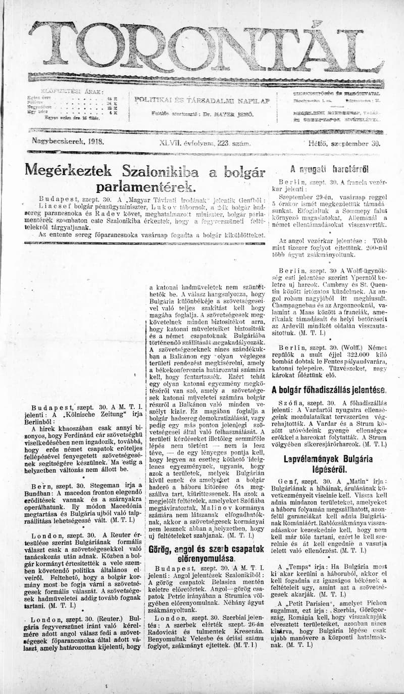Torontál, 47. évf. 1918. szeptember 30. 223. sz.