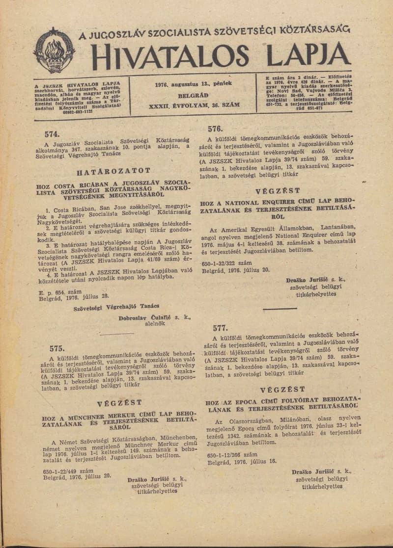 A Jugoszláv Szocialista Szövetségi Köztársaság Hivatalos Lapja, 32. évf. 1976. augusztus 13. 36. sz. 965–976. oldal