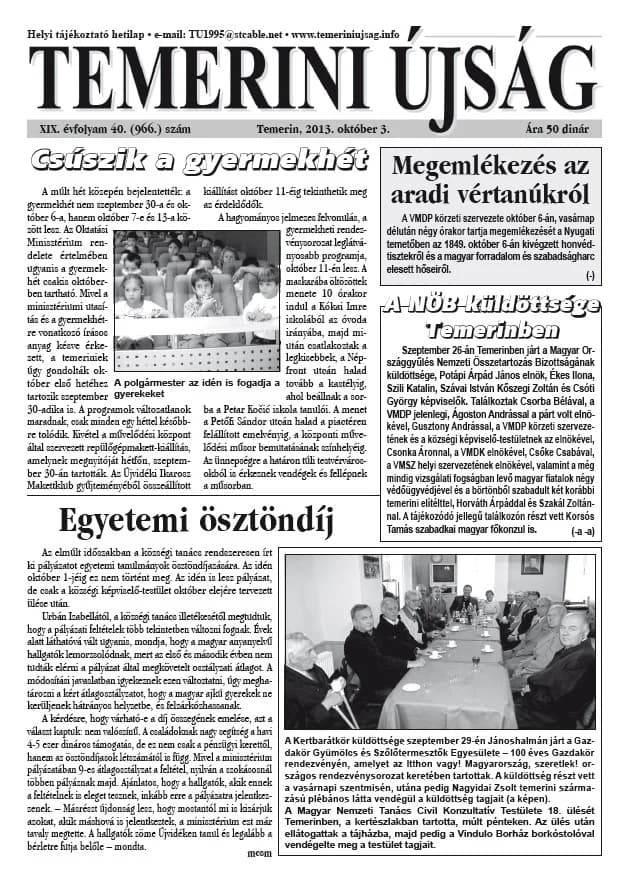 Temerini Újság, 19. évf. 2013. október 3. 40. sz.