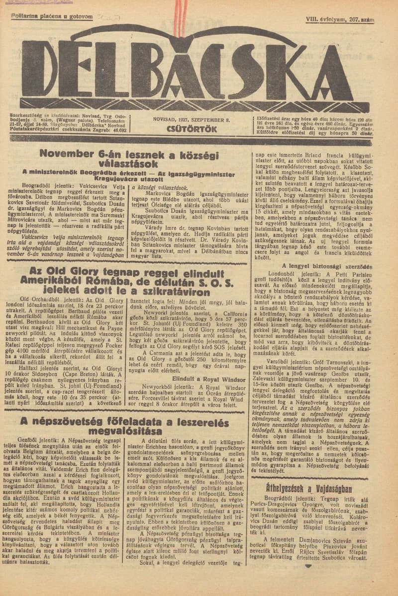 Délbácska, 8. évf. 1927. szeptember 8. 207. sz.