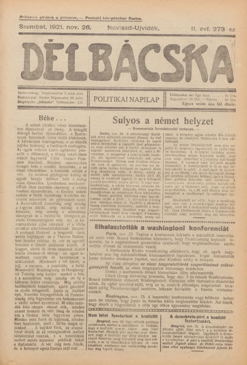 Délbácska, 2. évf. 1921. november 26. 273. sz.