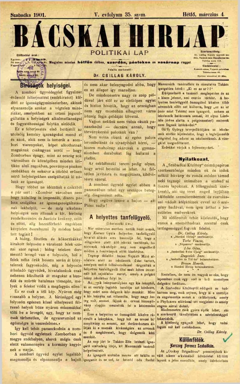 Bácskai Hirlap, 5. évf. 1901. március 4. 35. sz.